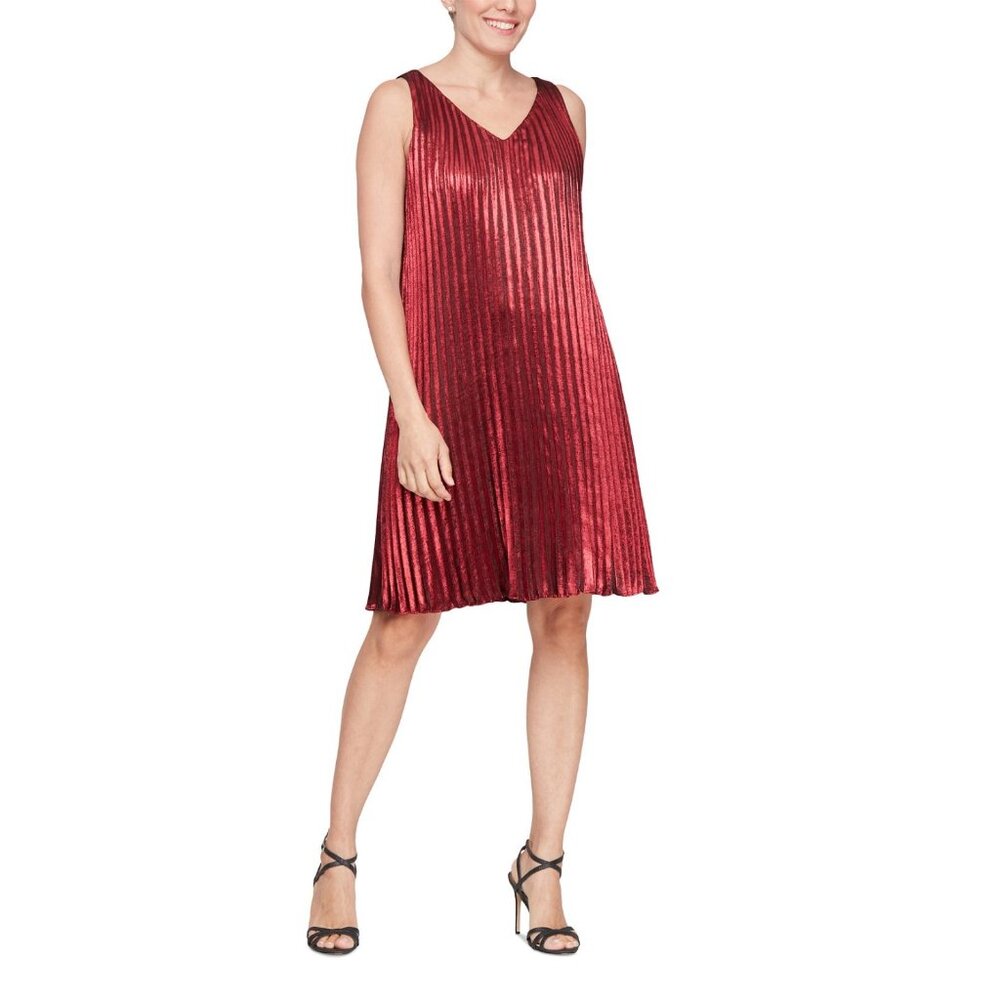 Womens SLNY Red Velvet Sleeveless Pleated Dress Size 16 V-Neck A-Line Made In Ch